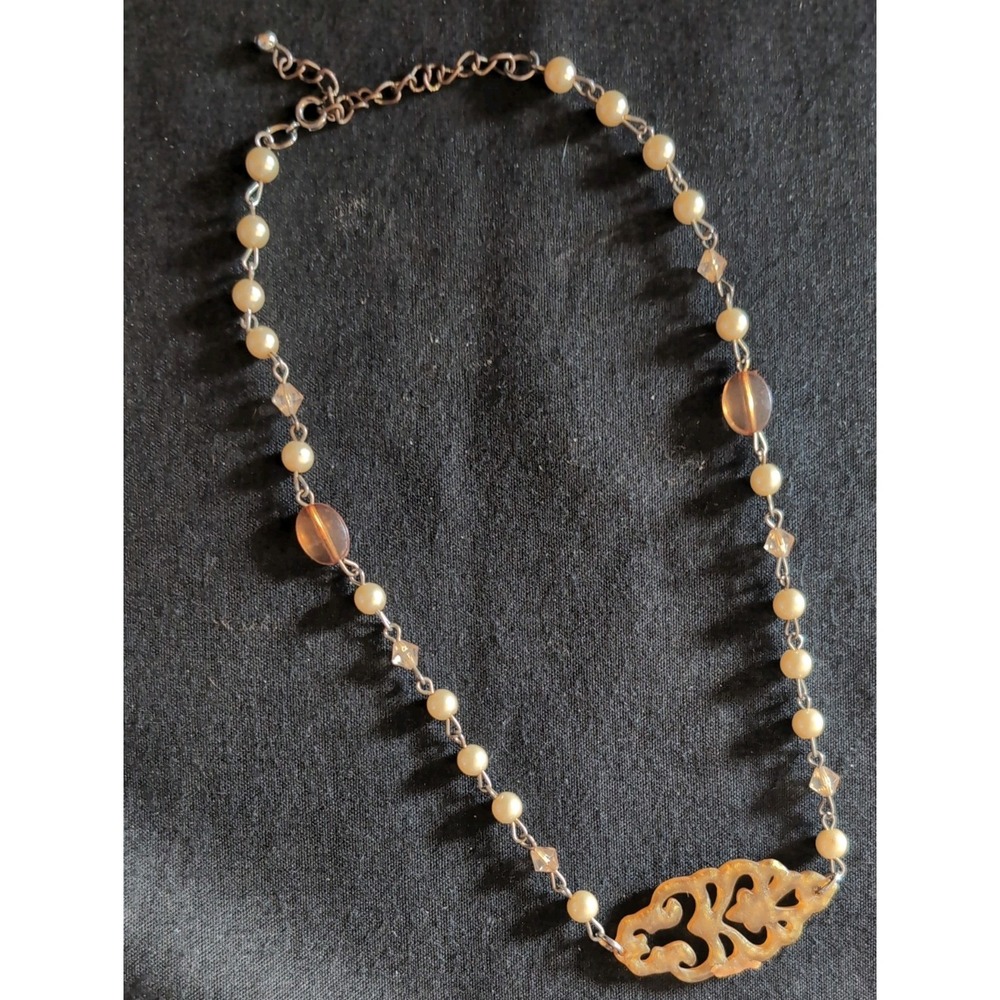 Vintage Faux Pearl Bead Necklace Clasp Amber colored Bakelite Plastic